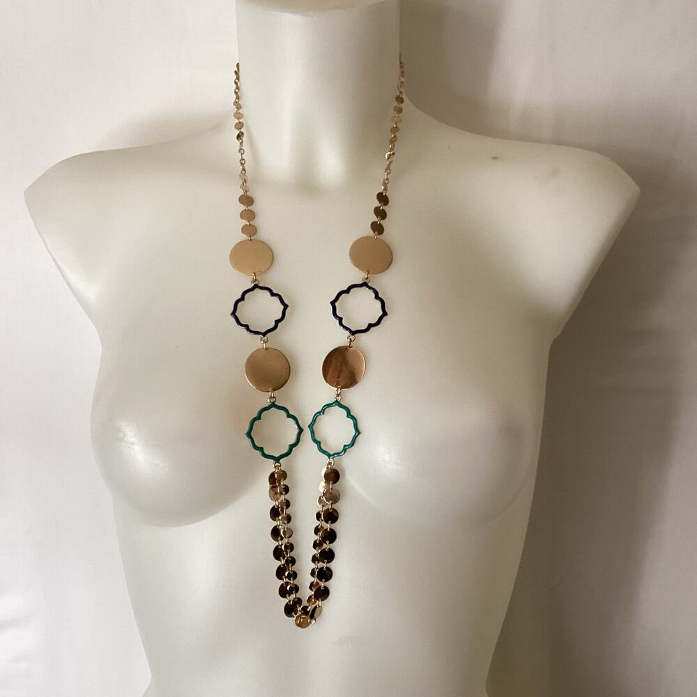 2110 NWT STONY 32" Chunky Blue Charm and Gold Disks Statement Necklace